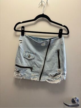 Carmar Light Blue Distressed Denim Mini Skirt with Asymmetric Zippers